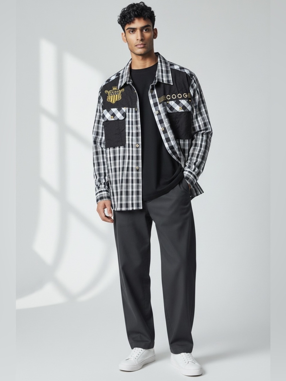 COOGI Black & White Plaid Button-Up Shirt with Gold Embroidery Accents